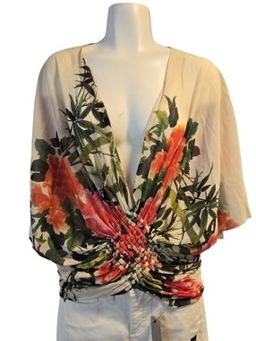 Vivienne Tam Floral Draped Blouse Sheer Mesh Top Cream Red Green Size M